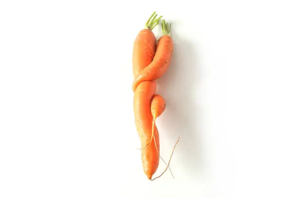 closeup of funny carrots on white background