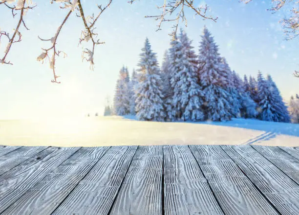 Beautiful snowy landscape panorama with empty old wooden planks, ideal for product placement. Fresh powder snow, winter nature