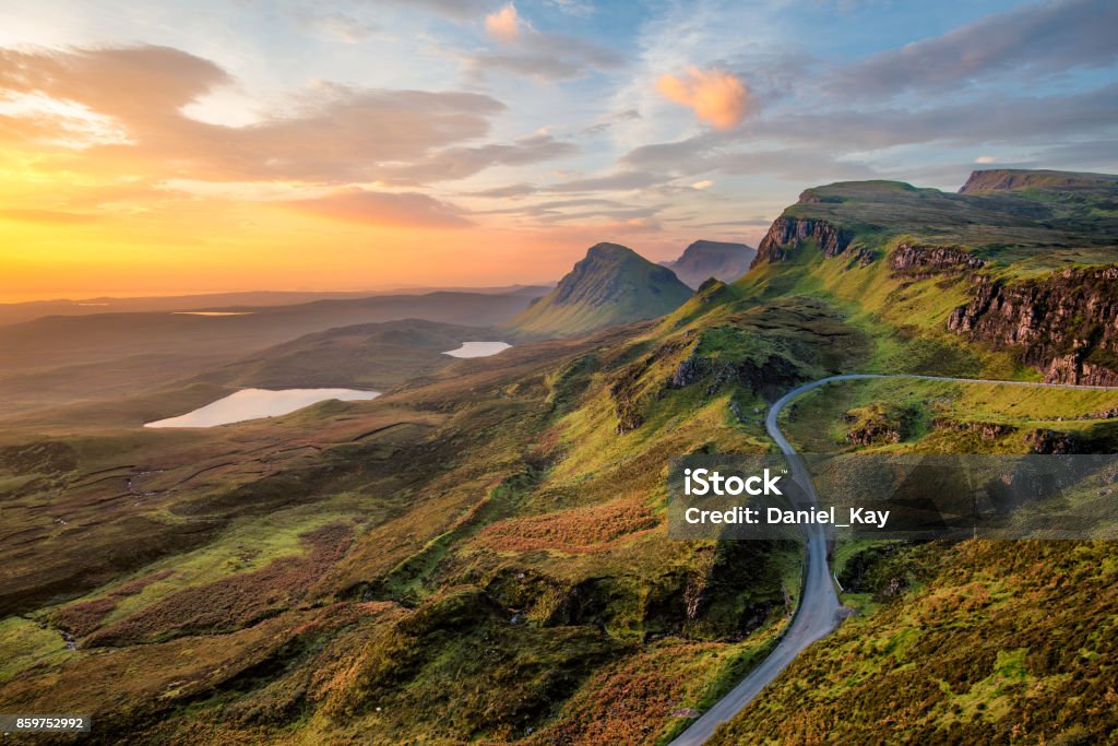 Quiraing at sunrise. Vibrant sunrise at Quiraing on the Isle of Skye, Scotland. Scotland Stock Photo