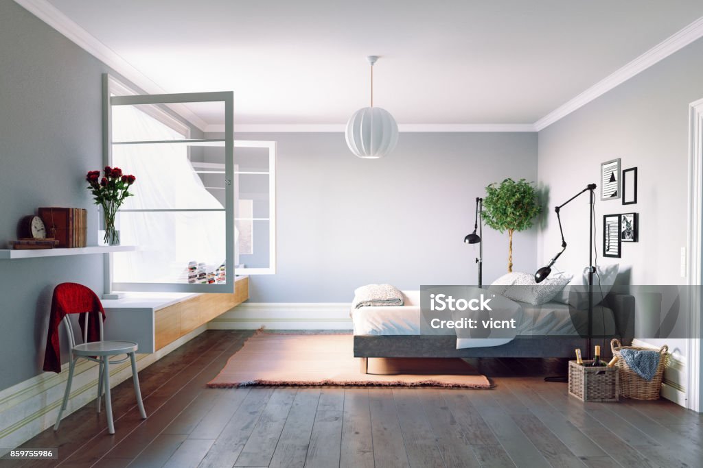 Modern bedroom interior Modern bedroom interior. Beautiful window view zone.3d rendering design Bedroom Stock Photo