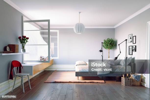 Modern Bedroom Interior Stock Photo - Download Image Now - Bedroom, Open, Window