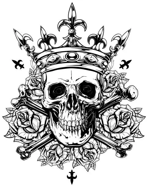 Vector illustration of Graphic human skull with crossed bones and crown