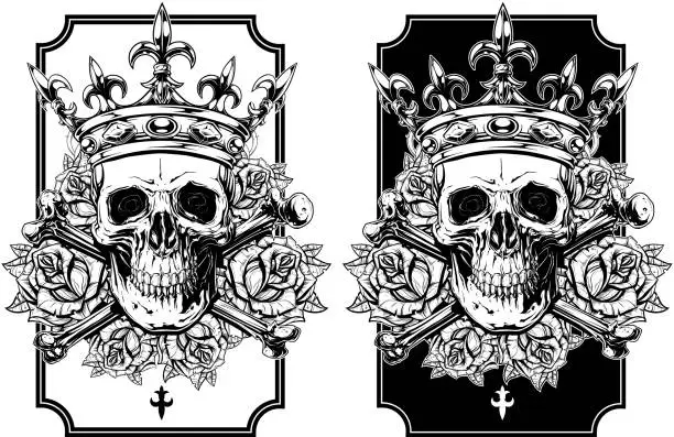 Vector illustration of Graphic skull with crossed bones and crown set