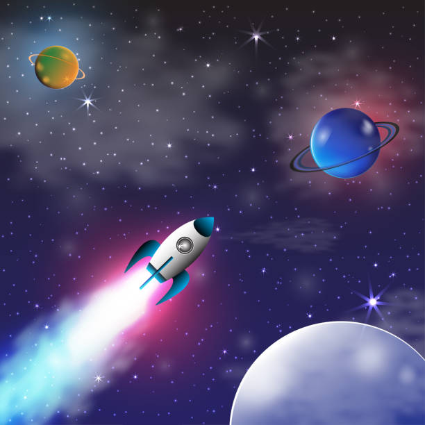 istock Space exploration with retro rocket planets and stars on dark background with rays and flares vector illustration 859757522