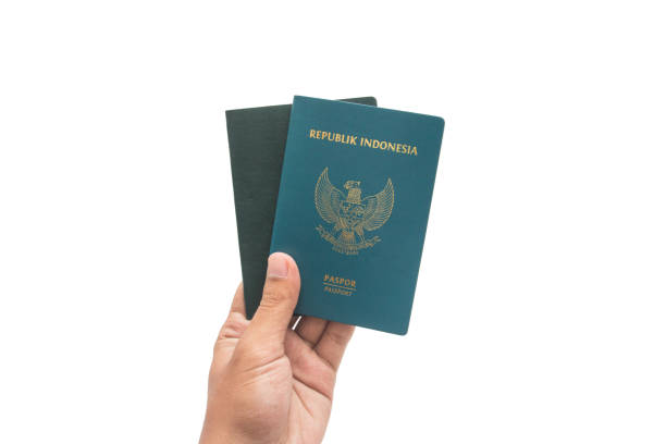 travel concept - hand with passport isolated on white background. Indonesia passport. stock photo