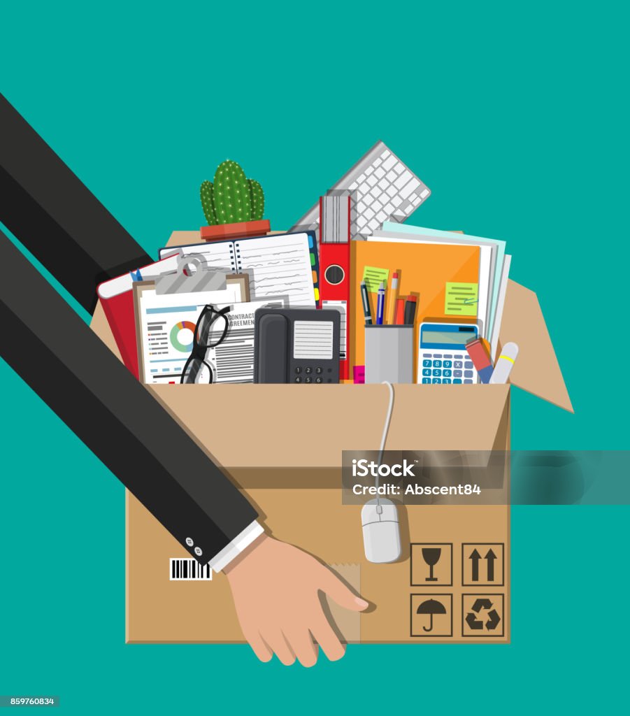 Moving to new office. Cardboard box in hand Moving to new office. Cardboard box in hand with folder, document paper, contract, calculator, pen, eyeglasses, book, ring binder, phone. Keyboard, mouse cactus Vector illustration in flat style Cardboard Box stock vector