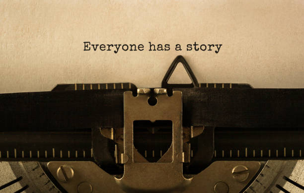 text everyone has a story typed on retro typewriter - fairy tale imagens e fotografias de stock