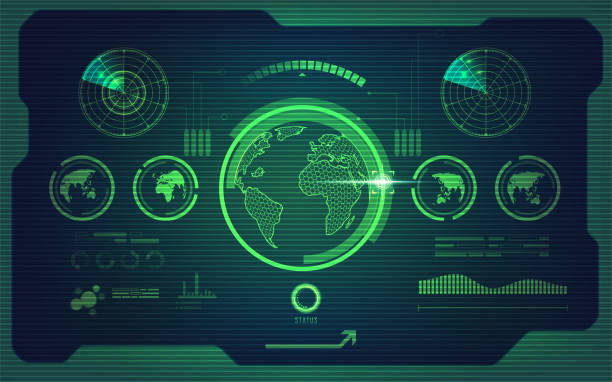 Screen Earth radar screen and world map in futuristic style detective map stock illustrations