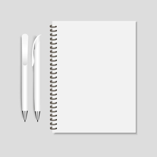 illustrazioni stock, clip art, cartoni animati e icone di tendenza di печать penna biancarealistica e illustrazione vettoriale del mockup del blocco note a spirale. - spiral notebook personal organizer writing paper