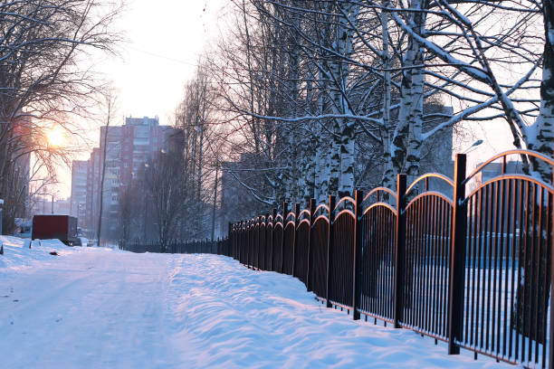 istock winter landscape iron fence at sunset 859770864