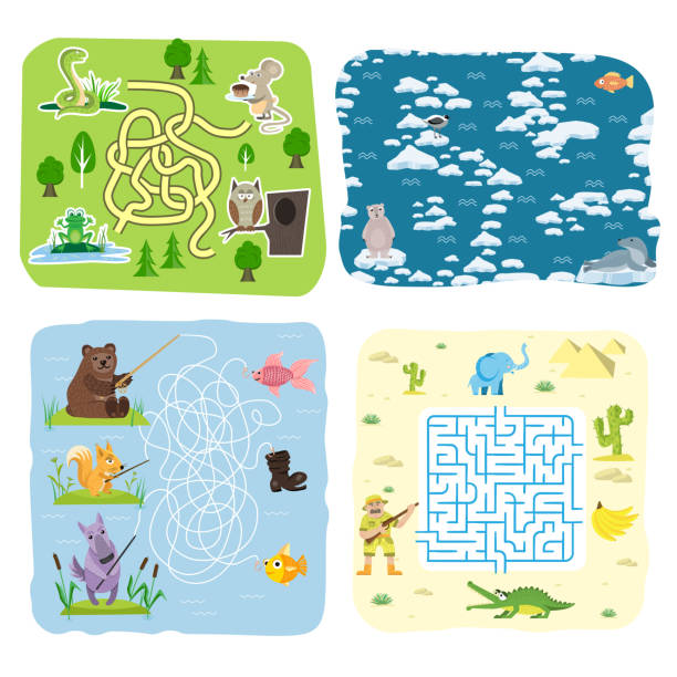 ilustraciones, imágenes clip art, dibujos animados e iconos de stock de laberinto juego infantil formación educación enigma rompecabezas con animales camino enredados camino fondo imprimible vector ilustración - paper match