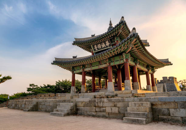 Hwaseong fortress at sunset in Suwon, South Korea stock photo