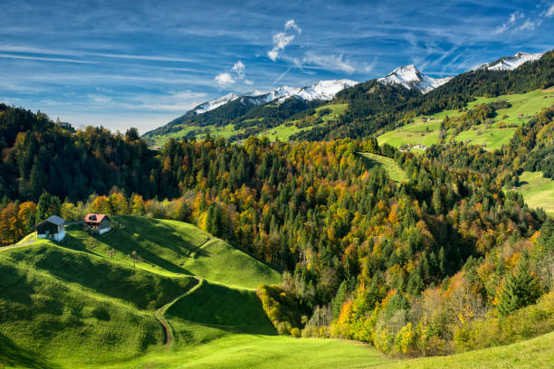 Beautiful landscape in Raggal, Vorarlberg in the Austrian alps in autumn with the first snow in the mountains