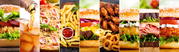 collage of various fast food products collage of various fast food products and drinks cheeseburger photos stock pictures, royalty-free photos & images