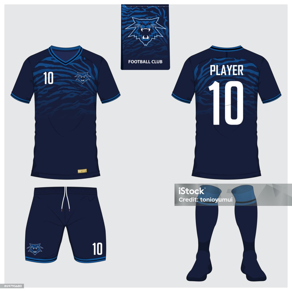 Soccer jersey or football kit, short, sock template for sport club. Football t-shirt mock up. Front and back view soccer uniform. Flat football icon on blue label. Vector. Soccer jersey or football kit, short, sock template for sport club. Football t-shirt mock up. Front and back view soccer uniform. Flat football icon on blue label. Vector Illustration. Soccer stock vector