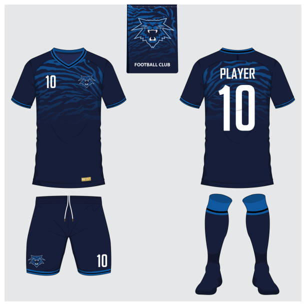 Soccer jersey or football kit, short, sock template for sport club. Football t-shirt mock up. Front and back view soccer uniform. Flat football icon on blue label. Vector. Soccer jersey or football kit, short, sock template for sport club. Football t-shirt mock up. Front and back view soccer uniform. Flat football icon on blue label. Vector Illustration. uniform stock illustrations