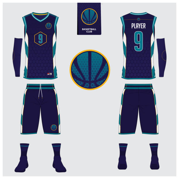 Basketball jersey, shorts, socks template for basketball club. Front and back view sport uniform. Tank top t-shirt mock up with basketball flat icon design on label. Vector. Basketball jersey, shorts, socks template for basketball club. Front and back view sport uniform. Tank top t-shirt mock up with basketball flat icon design on label. Vector Illustration. basketball uniform stock illustrations