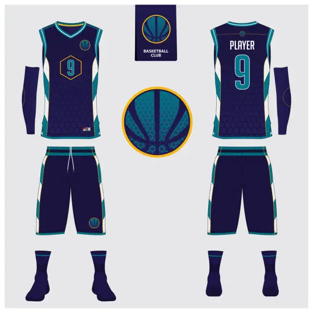 Vector illustration of Basketball jersey, shorts, socks template for basketball club. Front and back view sport uniform. Tank top t-shirt mock up with basketball flat icon design on label. Vector.