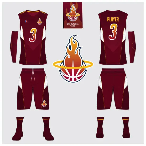 Vector illustration of Basketball jersey, shorts, socks template for basketball club. Front and back view sport uniform. Tank top t-shirt mock up with basketball flat icon design on label. Vector