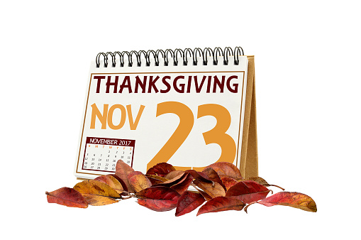 Autumn leaves in front of Thanksgiving November 23 Calendar white background