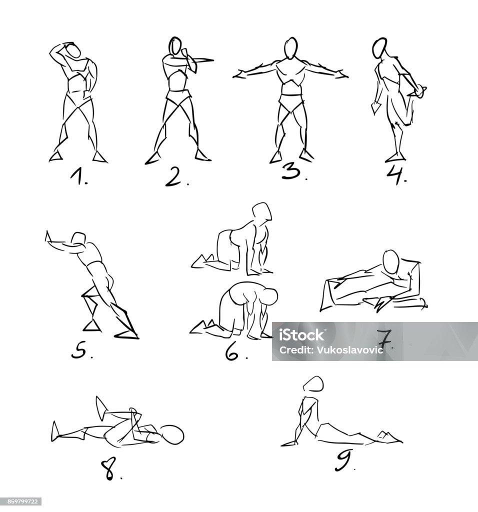 Post Workout Stretchig Exercises Sketch Hand drawn post workout exercises in 9 stages. Sketch style illustration. Useful for all kind of sports. Stretching stock vector