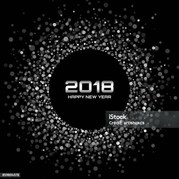 Vector Happy New Year 2018 Card Background Silver Light Disco Lights Halftone Circle Frame Round Border Using Red Confetti Circle Dots Texture Stock Illustration - Download Image Now