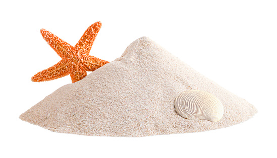 Pile of Sand with Starfishand Shell  Isolated on White Background.