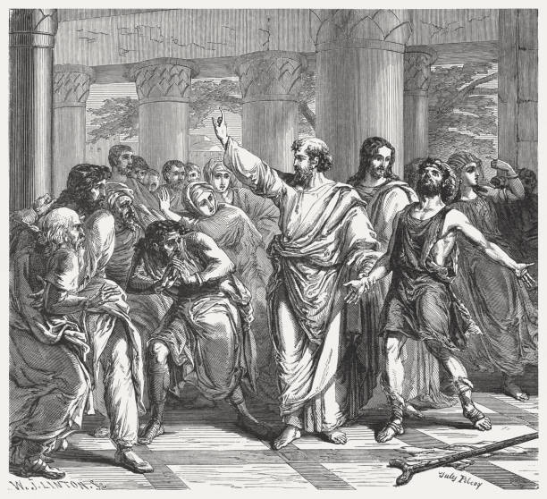 Peter and John Heal a Lame Man (Acts 3) Peter and John Heal a Lame Man at the Temple (Acts 3). Wood engraving, published in 1886. peter the apostle stock illustrations