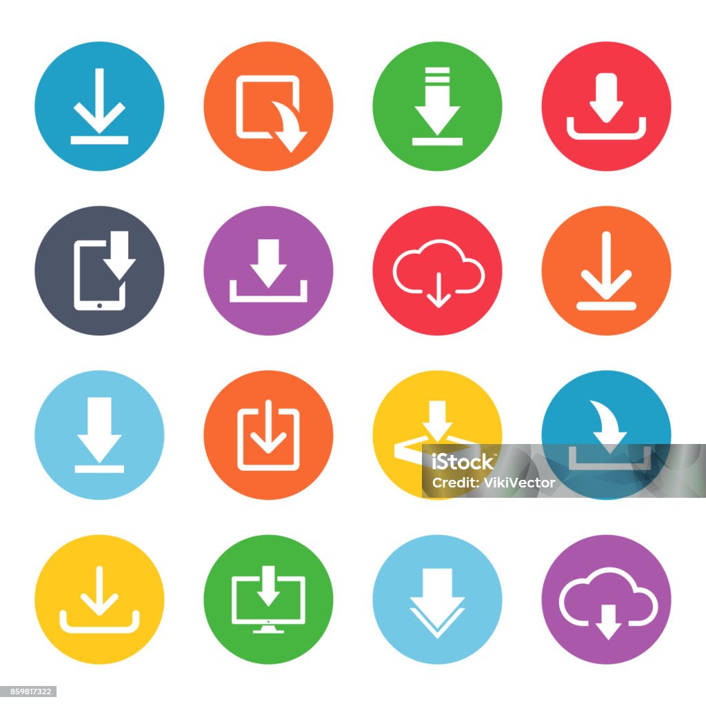 Download button icon set Download button icon set. Cute and fancy image for web users for computer data. Vector flat style illustration isolated on white background Downloading stock vector