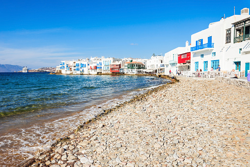 Mykonos city beach on the Mykonos island, Cyclades in Greece.