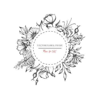 Hand drawn flower round frame. Vector floral wedding design in sketch style