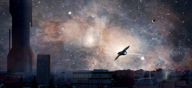 Sci-fi city with planet, nebula and spaceships, https://nasa3d.arc.nasa.gov/detail/as10-34-5013 stock photo