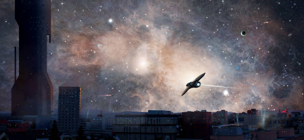 cidade de sci-fi com o planeta, nebulosa e naves espaciais, https://nasa3d.arc.nasa.gov/detail/as10-34-5013 - gov - fotografias e filmes do acervo