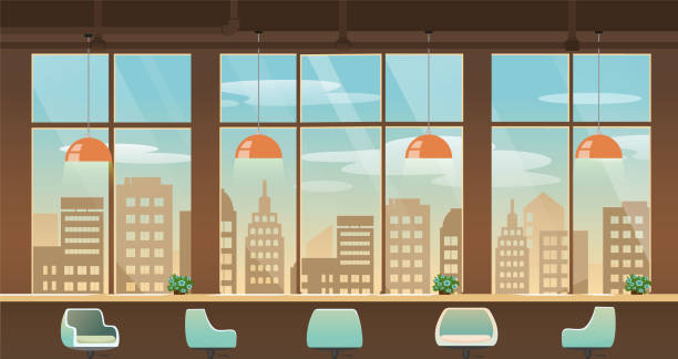 illustrations, cliparts, dessins animés et icônes de fenêtre en verre avec vue sur la ville à l’extérieur, vide café, café-restaurant bar et siège. - bâtiment vu de lextérieur illustrations