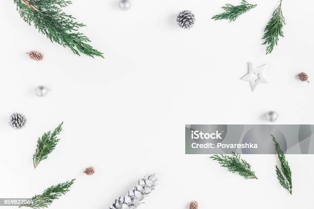 Frame Made Of Christmas Silver Decoration Flat Lay Top View Stock Photo - Download Image Now
