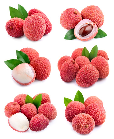 Set of lychees fruits isolated on white backgrounds.