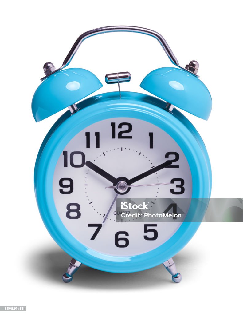 Blue Alarm Clock Front Retro Blue Alarm Clock Front View Isolated on a White Background. Alarm Clock Stock Photo