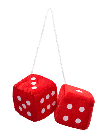 Red Fuzzy Hanging Dice Isolated on White Background.