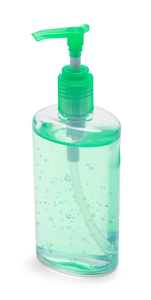 Green Bottle of Hand Sanitizer Isolated on White Background.