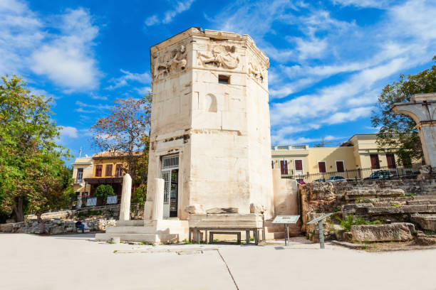 Tower of the Winds The Tower of the Winds or the Horologion of Andronikos Kyrrhestes is an octagonal Pentelic marble clocktower in the Roman Agora in Athens, Greece. nike air photos stock pictures, royalty-free photos & images