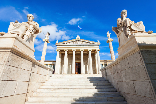 The main building of the Academy of Athens, one of Theophil Hansen's Trilogy in central Athens, Greece