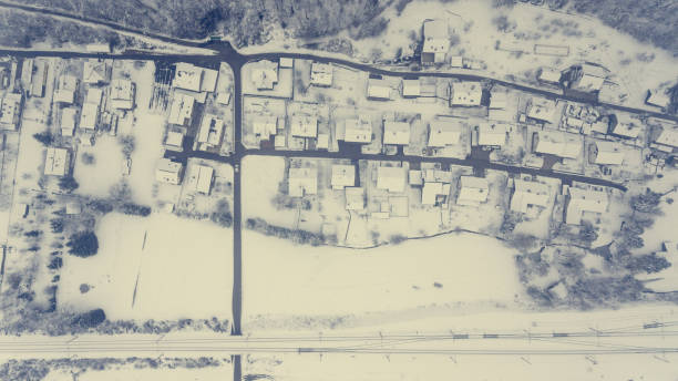 Top view of snow covered buildings. Borovnica, Slovenia