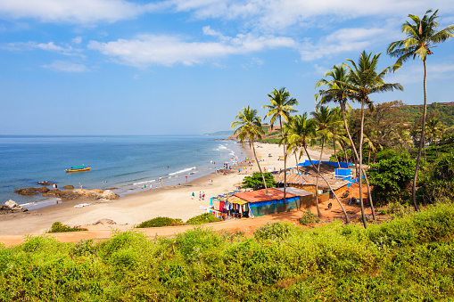 Famous Khem Beach - Bãi tắm Khem in the South of Phú Quốc Island. Tourists and Travellers swimming and sunbathing, relaxing in their vacation at the famous south-eastern beach of Phu Quoc. Khem Beach, Phú Quốc Island, South Vietnam, Southeast Asia.