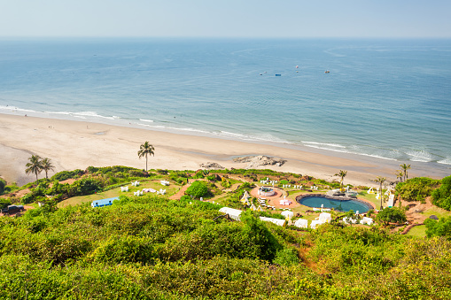Vagator or Ozran beach aerial panoramic view in north Goa, India