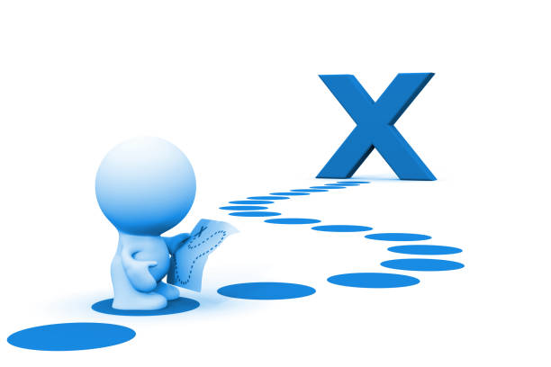 istock blue 3d person reading a treasure map to reach a big blue X 859847870