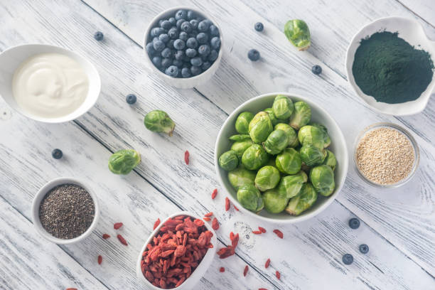 Superfoods on the wooden background