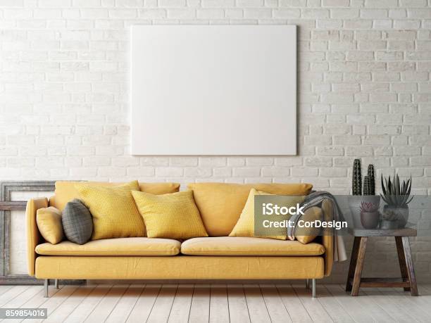 黄色のソファーサボテン木製のフレームとポスターのモックアップします - ソファのストックフォトや画像を多数ご用意 - ソファ, 壁, 黄色