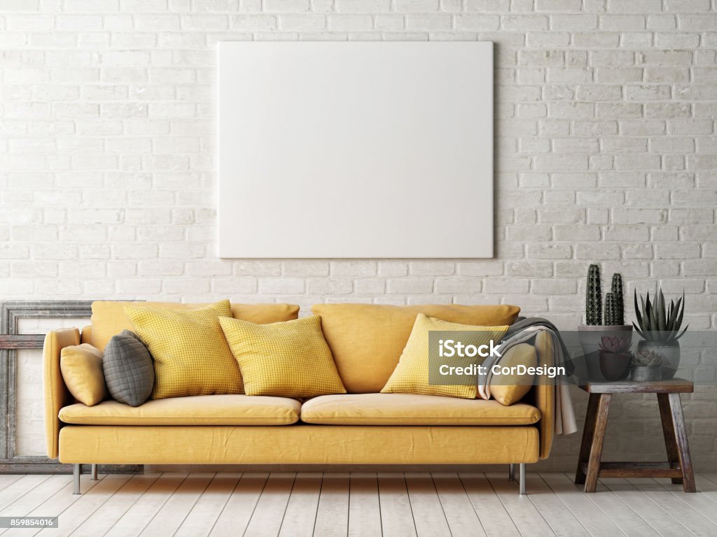 Mock up poster with yellow sofa, cactus and wooden frame Mock up poster with yellow sofa, cactus and wooden frame, 3d illustration Sofa Stock Photo