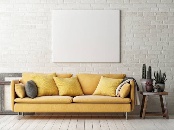 Mock up poster with yellow sofa, cactus and wooden frame Mock up poster with yellow sofa, cactus and wooden frame, 3d illustration artists canvas stock pictures, royalty-free photos & images