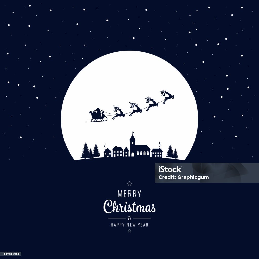 Trineo de Santa Claus volando en la aldea de invierno noche de Navidad - arte vectorial de Navidad libre de derechos